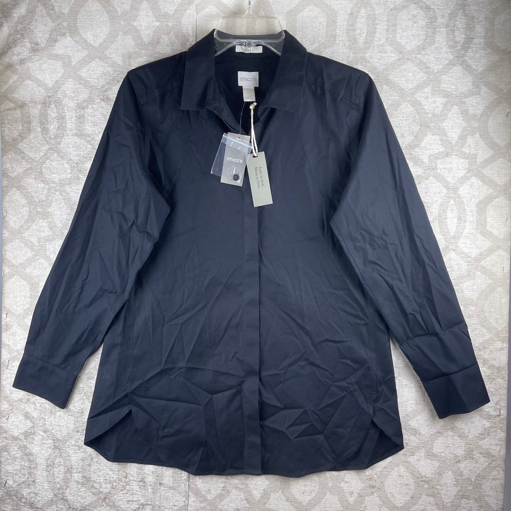 Chico's Effortless Cotton Marie Women 0 Small Black NWT Long Sleeve Button Shirt